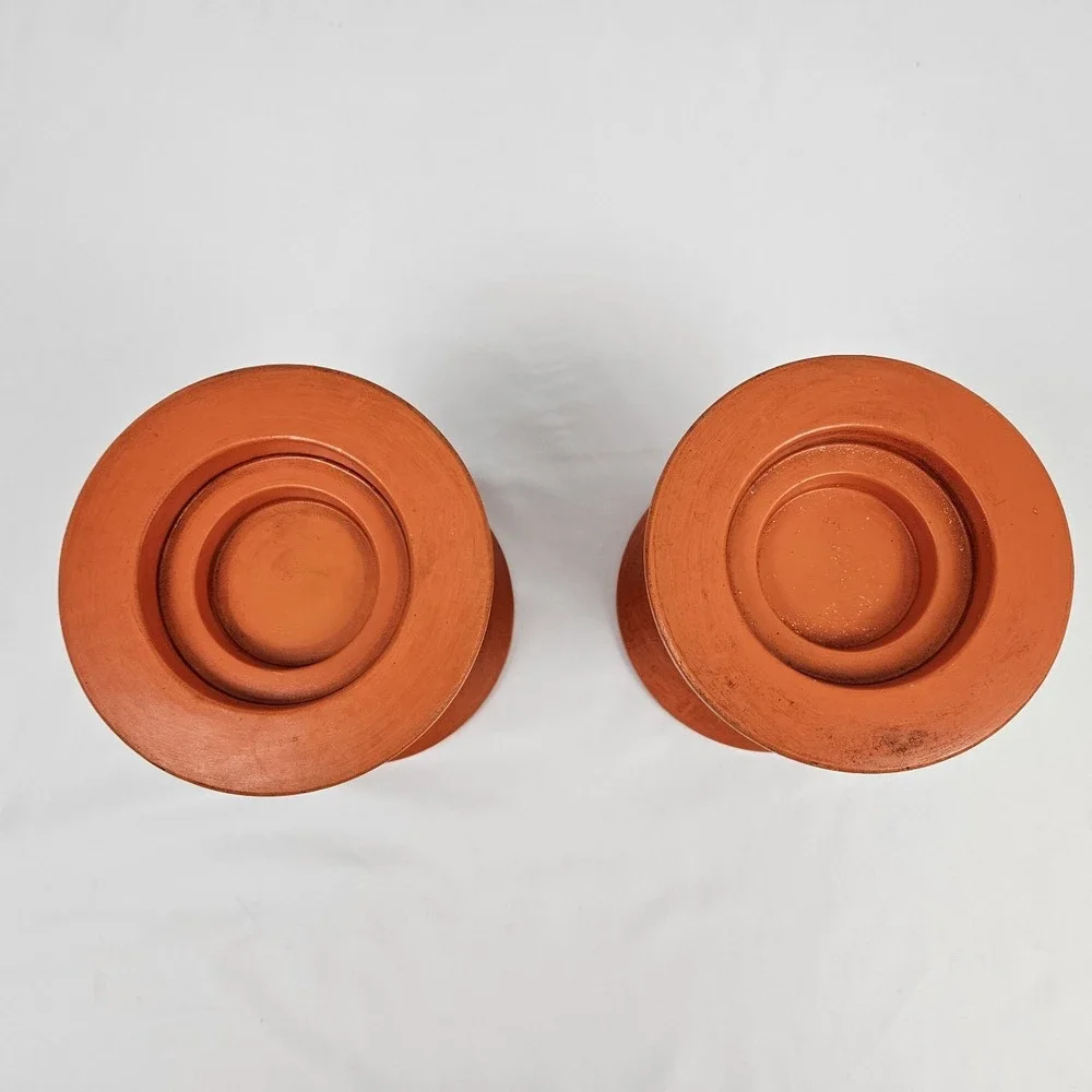 Vintage Boho Pillar Candle Holders Retro Orange Pottery 1960's Japan MCM